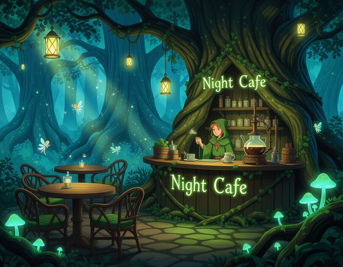 Enchanted Druid Forest Cafe with Magical Brews