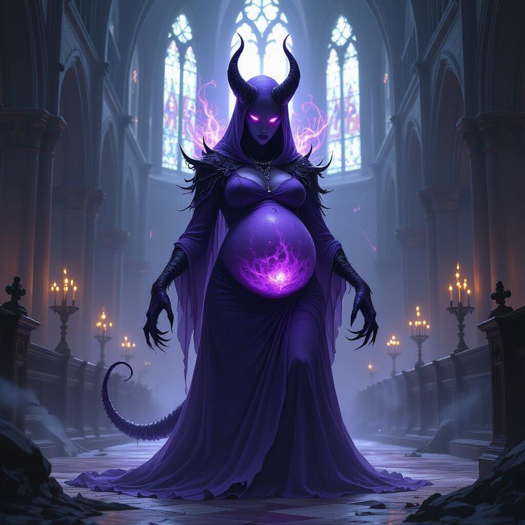 Pregnant Purple Daemon in Gothic Cathedral