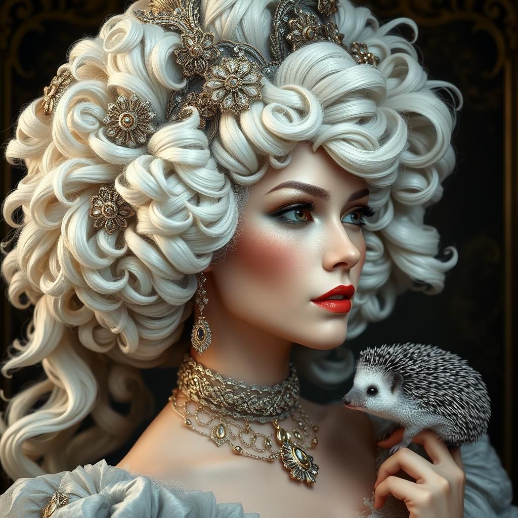Baroque Portrait of Noble Woman with White Hedgehog