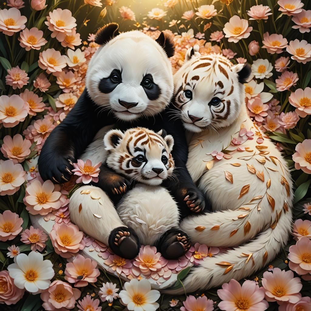 Panda and Tiger Cub Embrace in Floral Fantasy