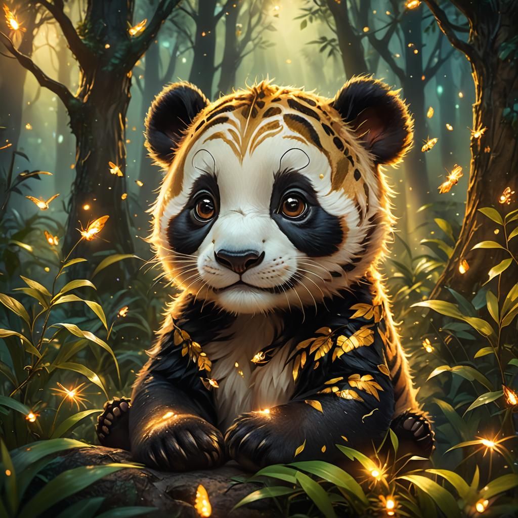 Panda and Tiger Embrace in Magical Forest