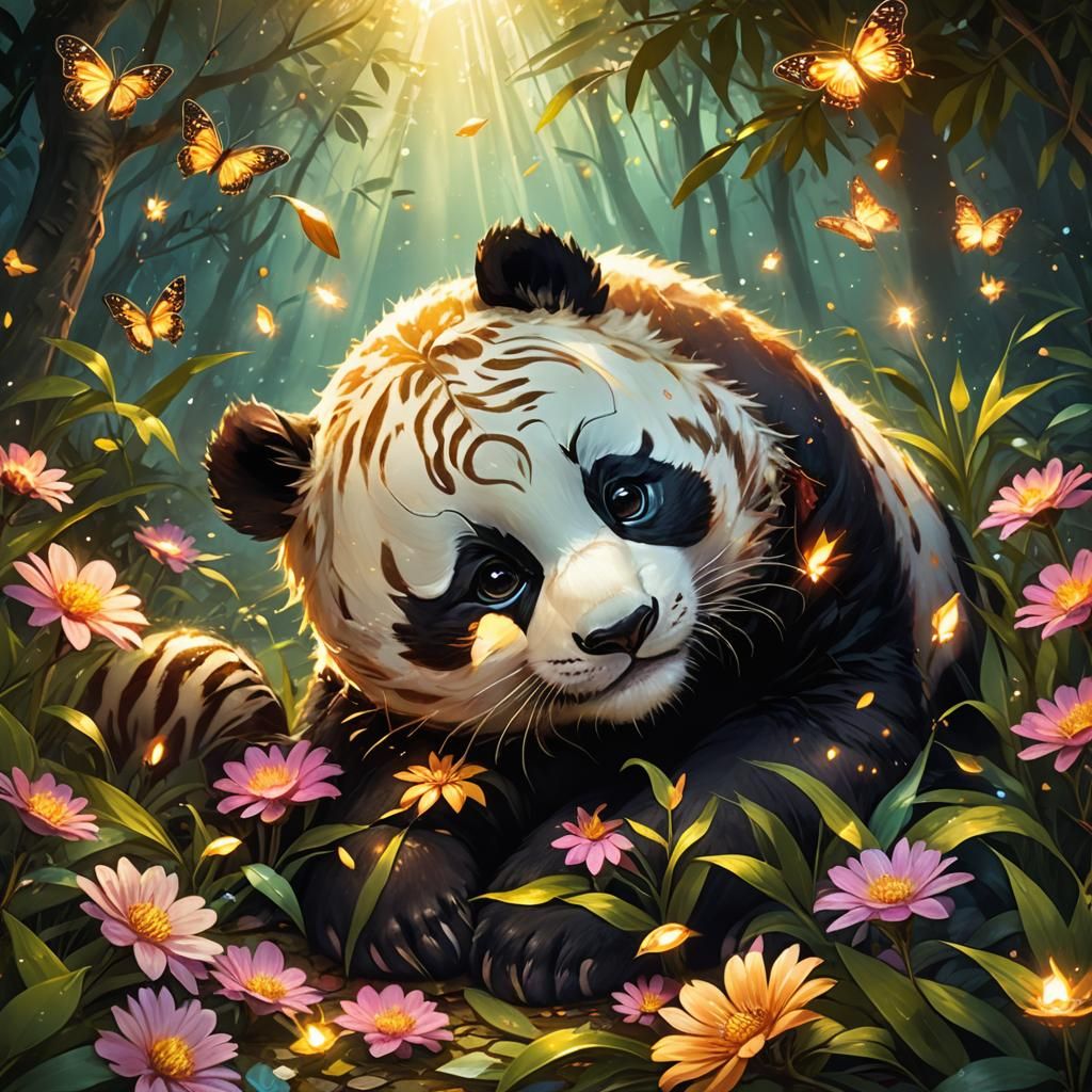 Panda and Tiger Cubs in Magical Forest