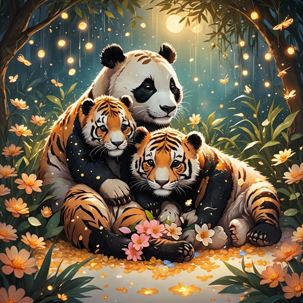 Panda and Tiger Cubs in Mystical Forest, Art Nouveau