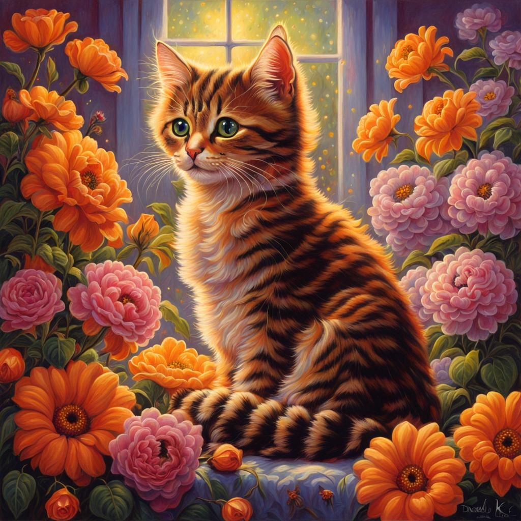Cute Cat with Flowers in Fantasy Art Style