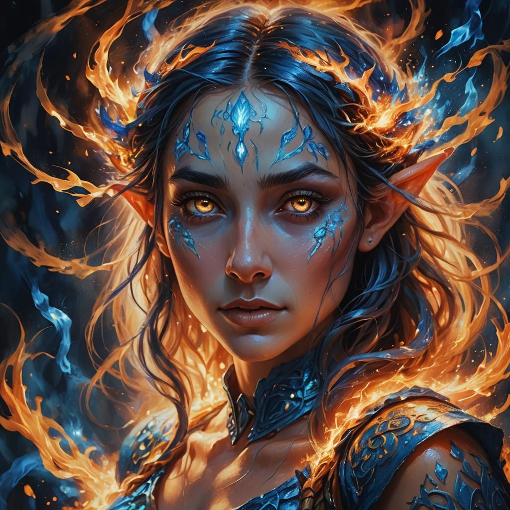 Fire Elf Portrait in Vibrant Oil Painting