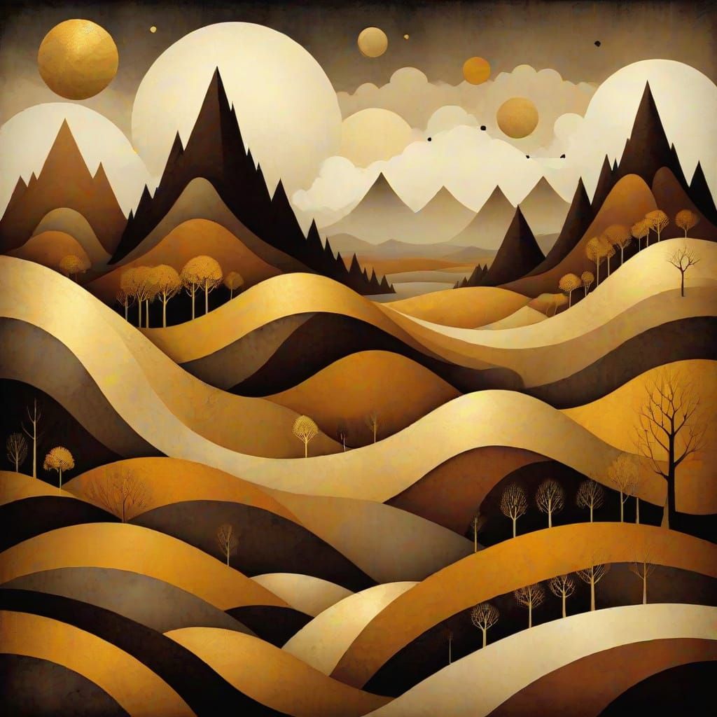 Surreal Geometric Landscape in Brown and Gold