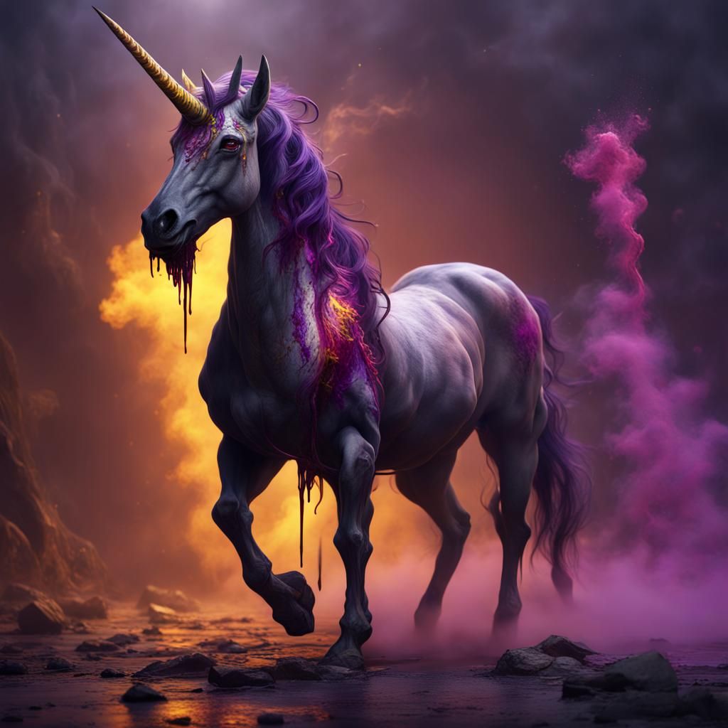 Dark Unicorn with Blood and Smoke, Fantasy Art
