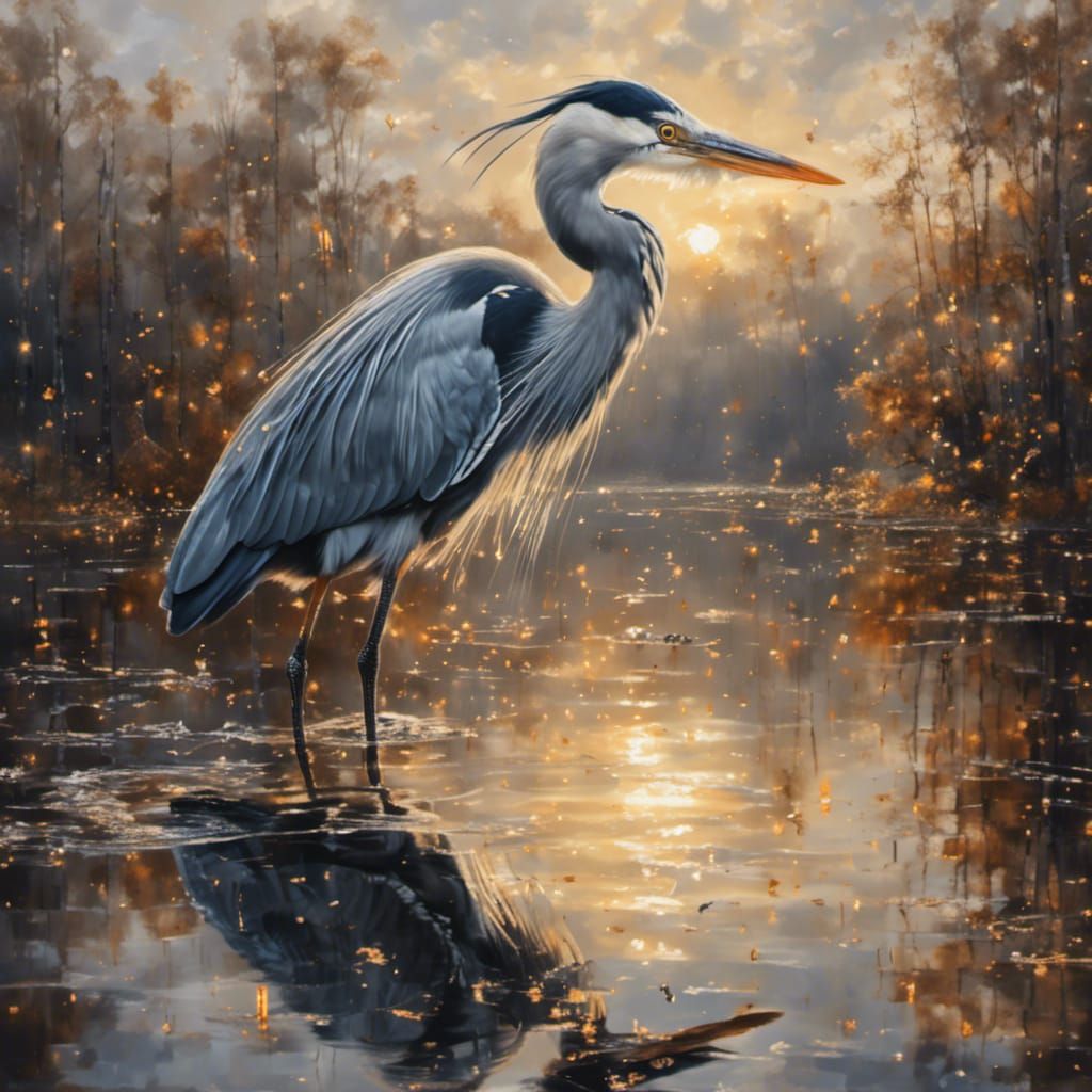 Grey Heron Reflection: Detailed Bird Painting