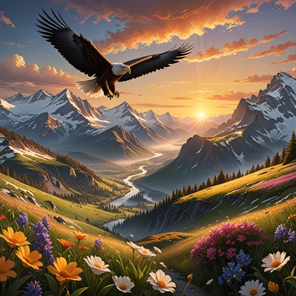 Majestic Sunrise Over Snow-Capped Mountains in Spring