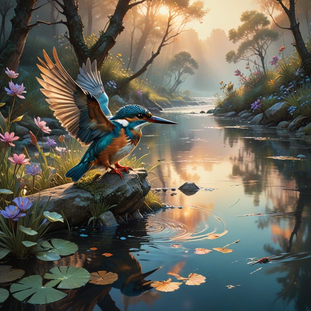 Vibrant Kingfisher Amid Shimmering Stream in Golden Hour