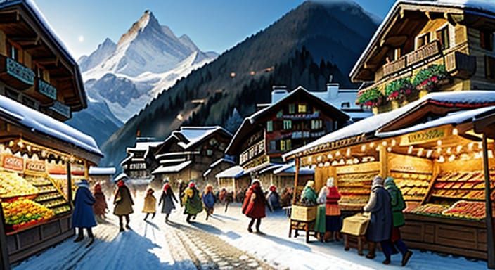 Busy Swiss Alps Village Market in Golden Hour