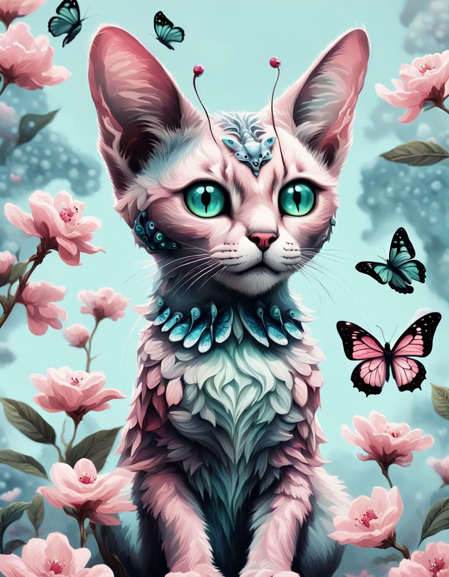 Ethereal Catlike Creature Amidst Whimsical Blossoms in Fanta...