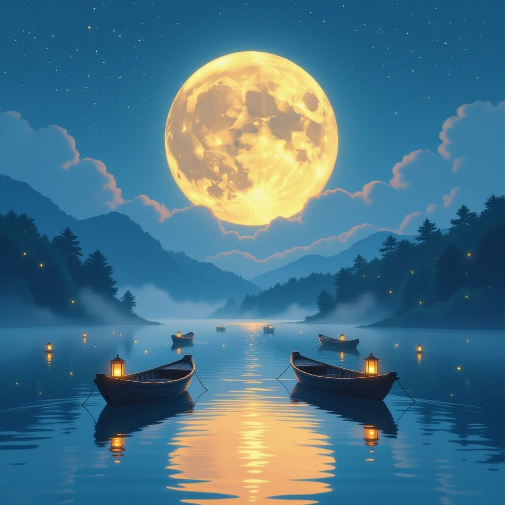 Glowing Moon Over Serene Lake, Dreamy Ambiance