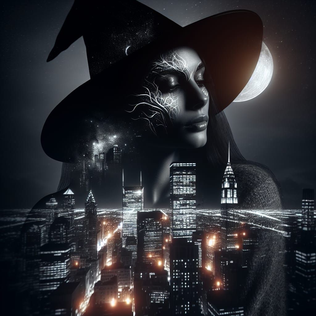 Mystical City Witch Double Exposure Portrait
