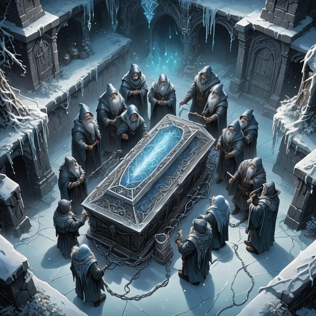 Dwarven Warriors Guard a Sorceress' Prison in Dark Fantasy