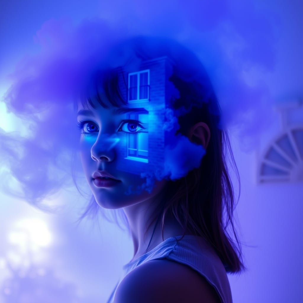 Surreal Girl in Neon Fog: A Hyperrealistic Portrait