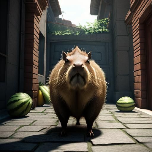Hyperrealistic Capybara Eating Watermelon in Trompe-l'oeil S...
