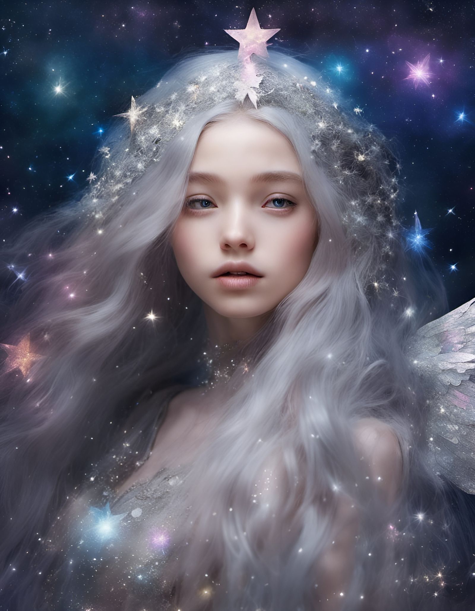 Cosmic Princess with Silver Hair and Wings