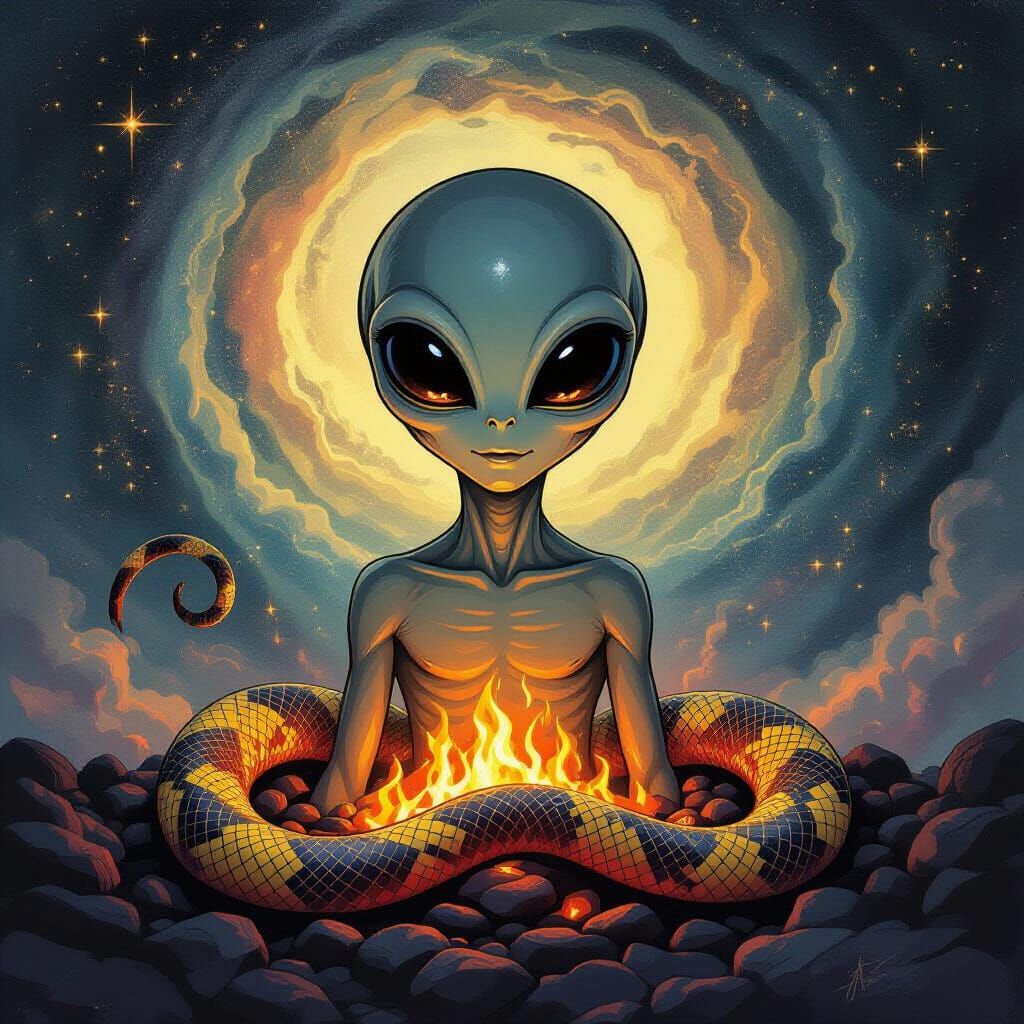 Grey Alien Emerges in Cosmic Alcohol Ink Art