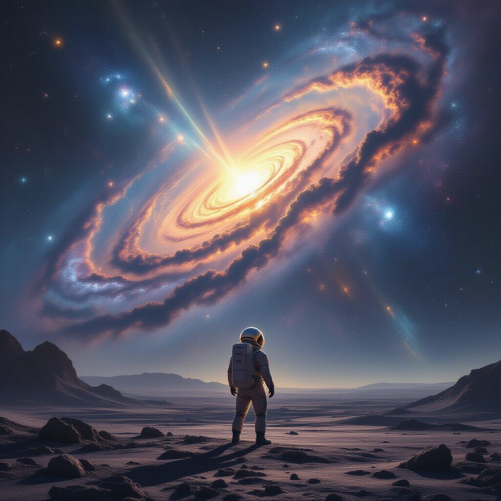 Astronaut Gazes at Galaxy on Alien Planet