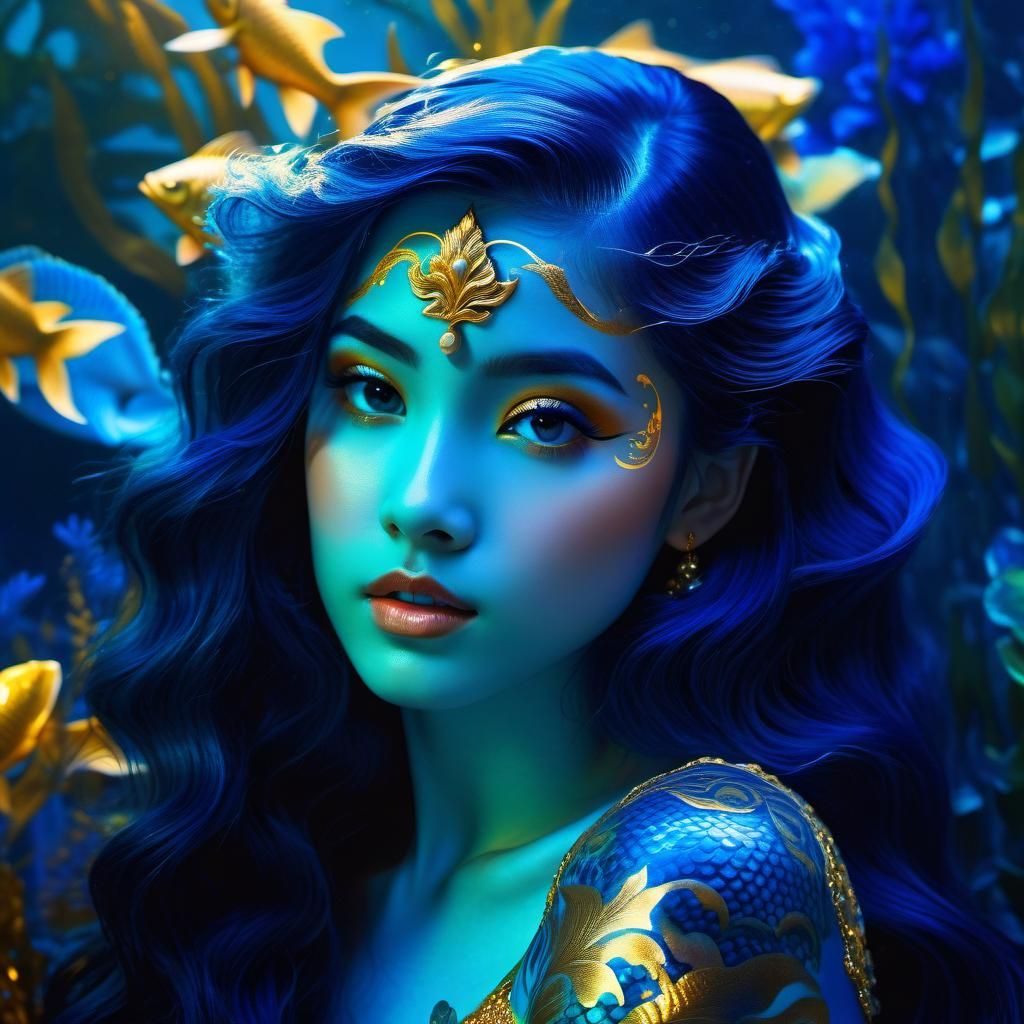 Tattooed Mermaid in Dreamy Garden, Nostalgic Painting Style