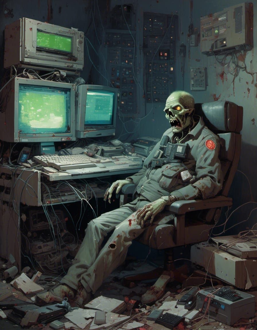 Zombie Asleep at Computer in Cyberpunk Apocalypse