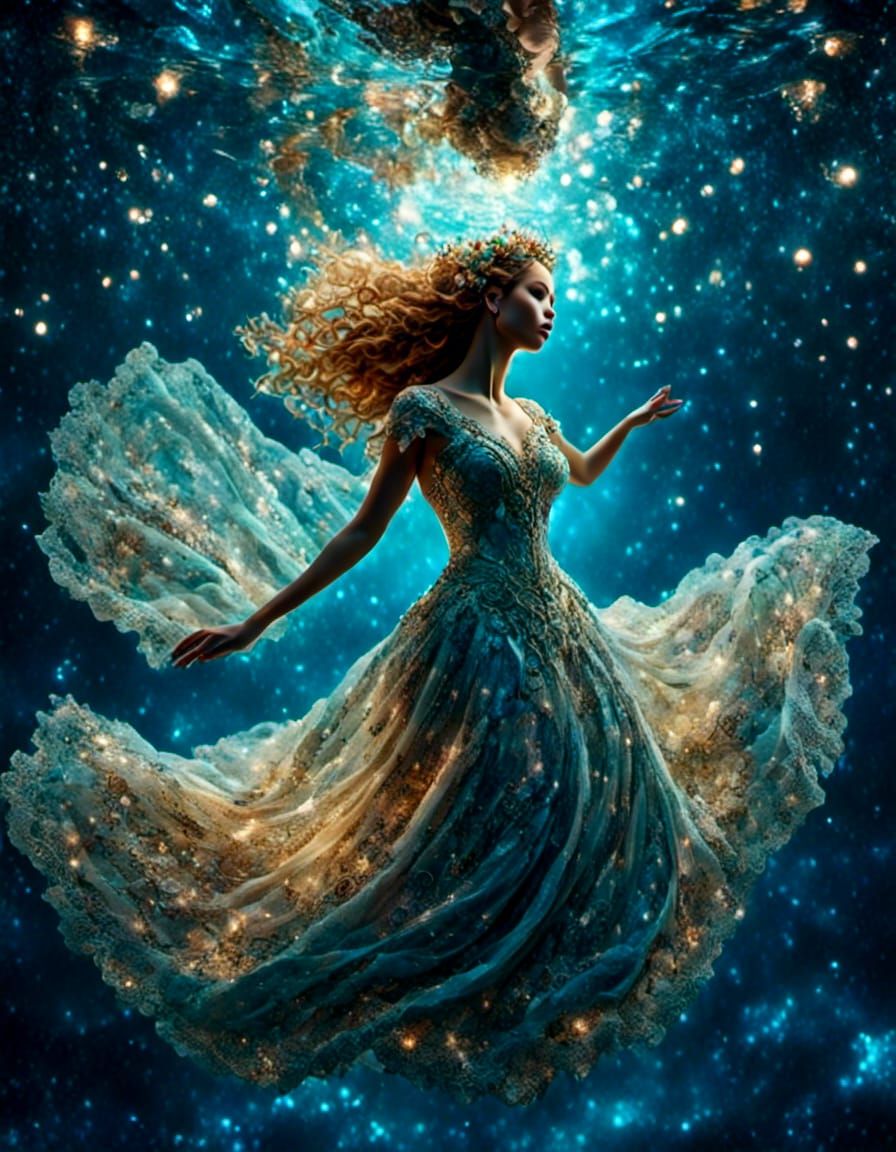 Young enchanting Woman completely submerged underwater In an elaborate lace dress floating suspended in time. intricate ...