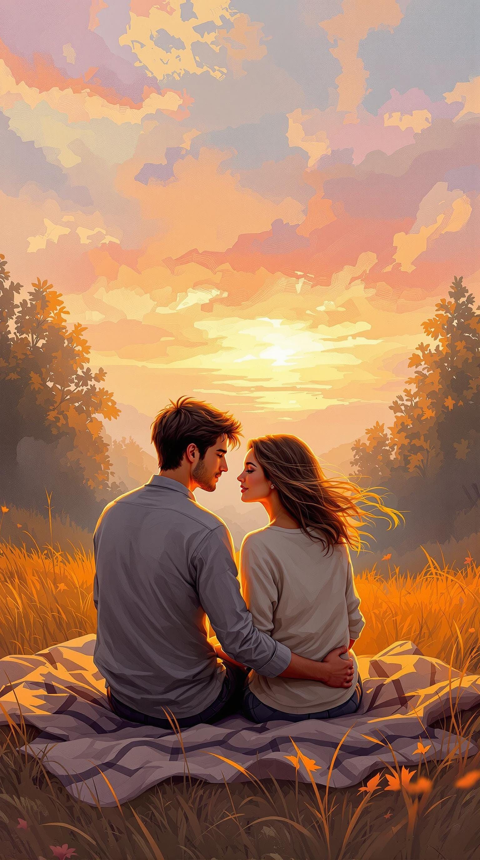 Romantic Sunset Scene with Couple in Love