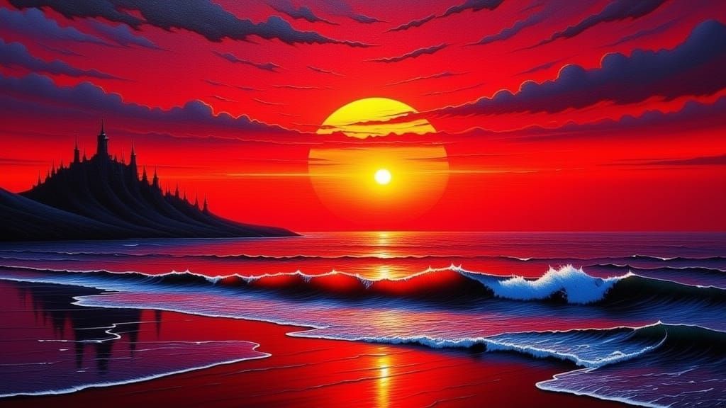 Vibrant Red Seascape at Sunset