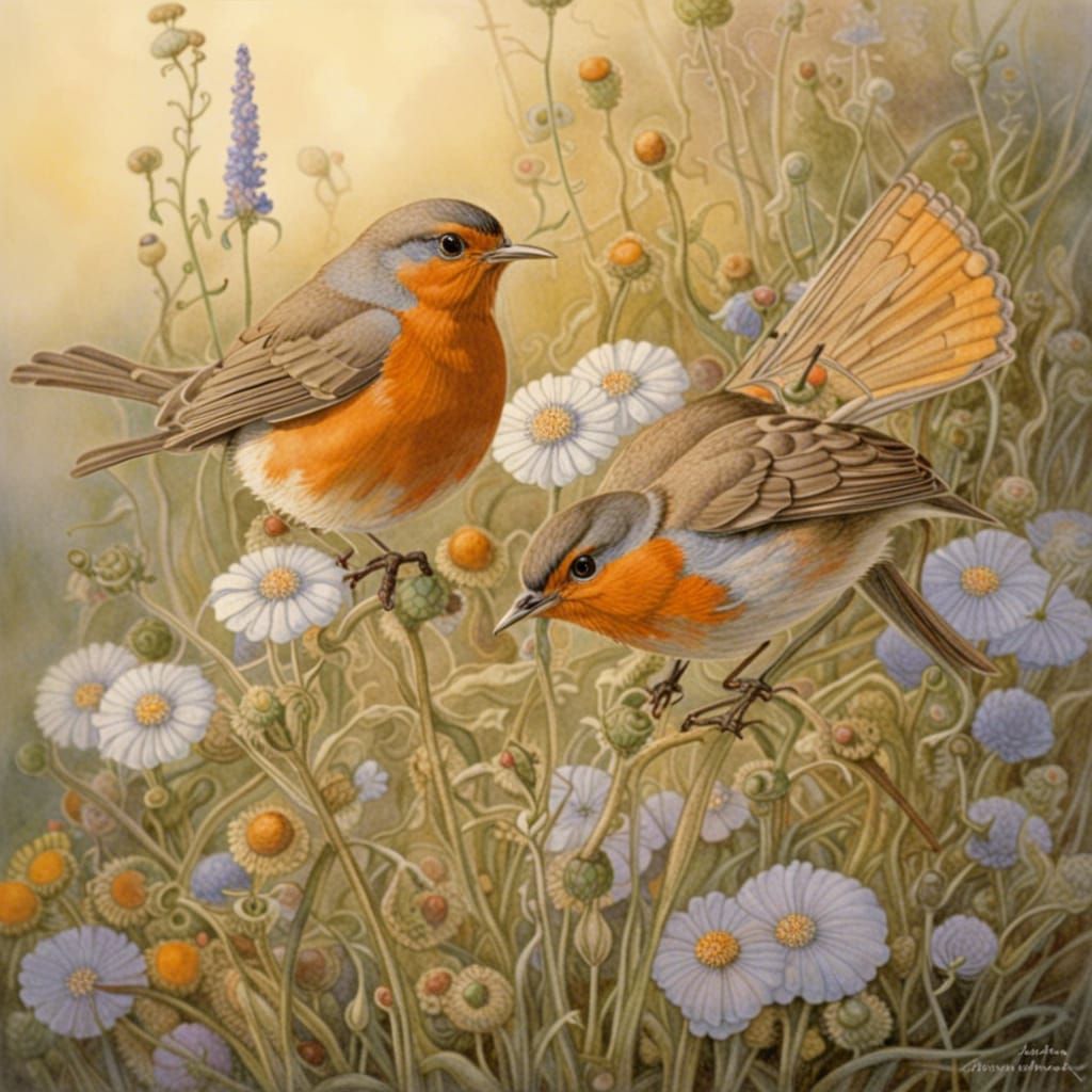 Robins and Wildflowers in Morning Light