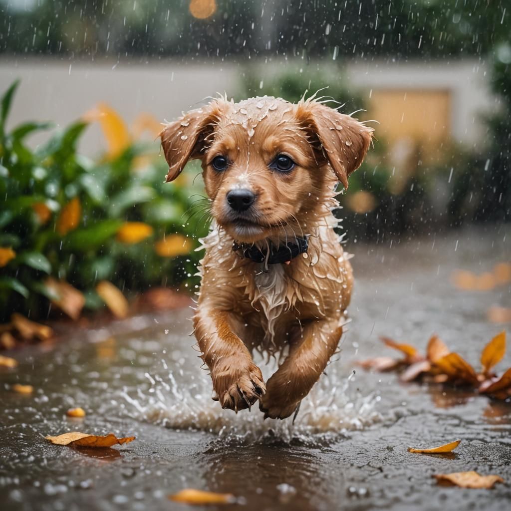 Playful Puppy's Joyful Run in Rainy Splendor