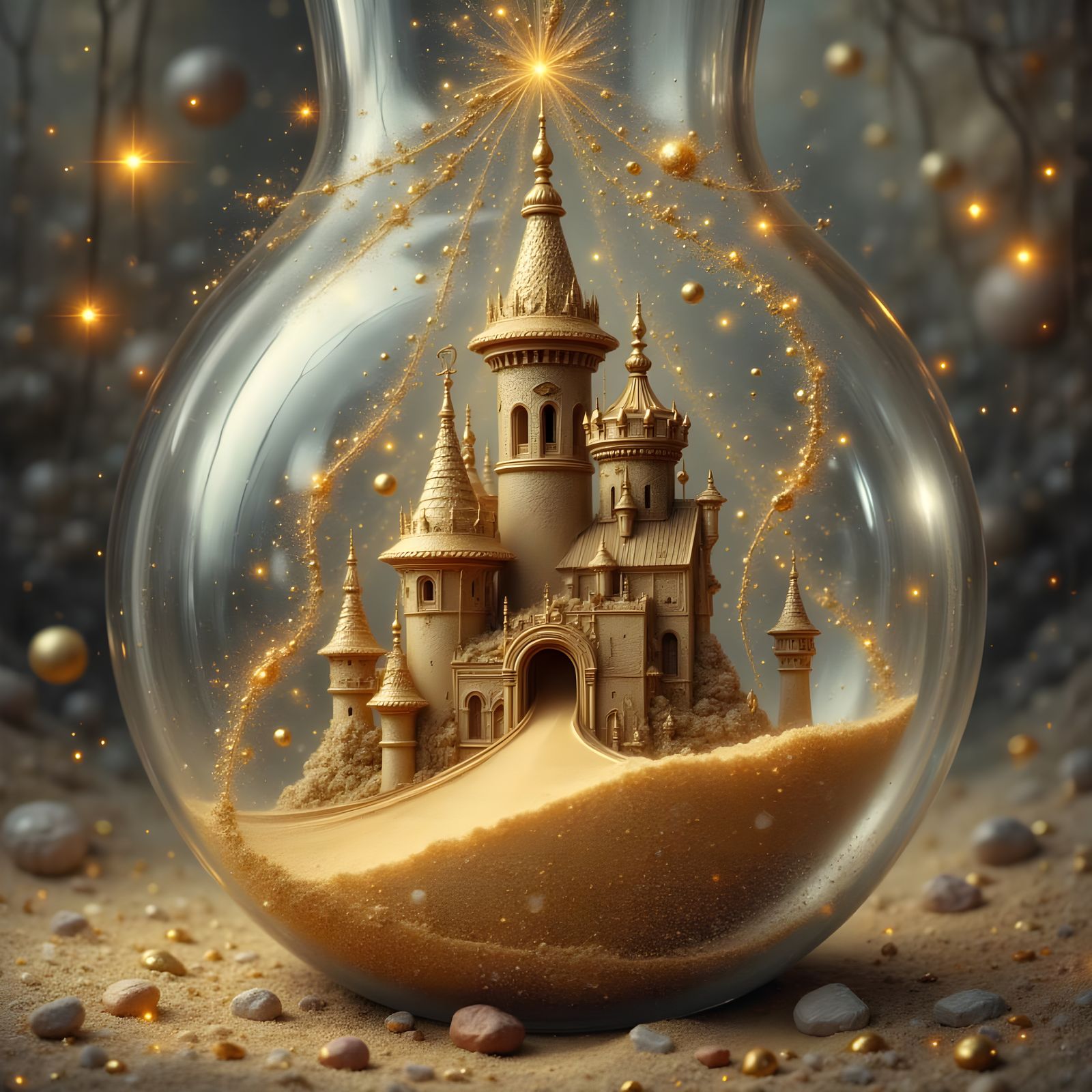 Intricate Sand Castle in Hourglass, Ethereal Glow