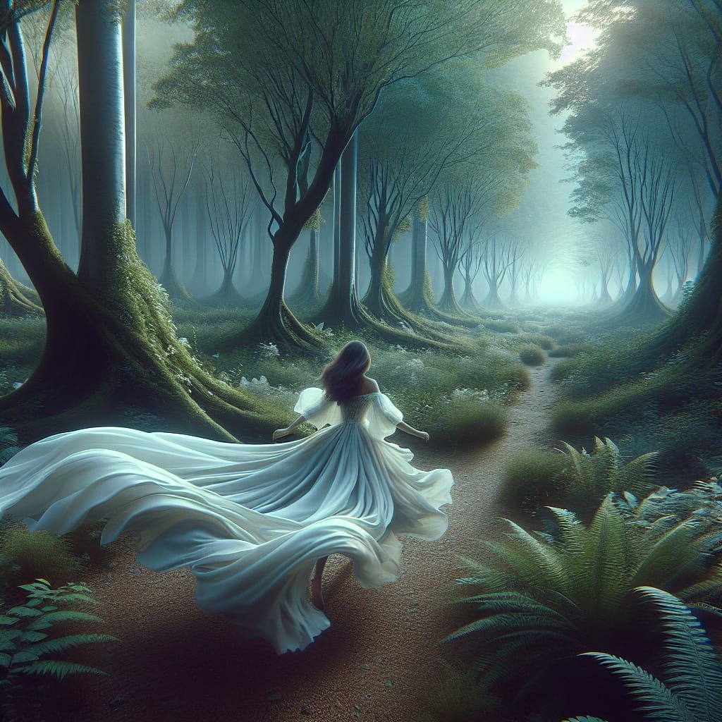 Girl Runs Through Enchanted Forest in Matte Painting