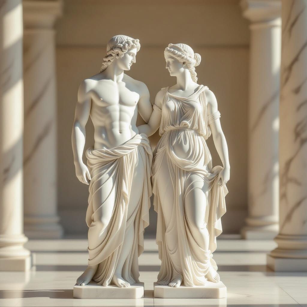 Divine Marble Statues of Lovers in Classical Greek Style