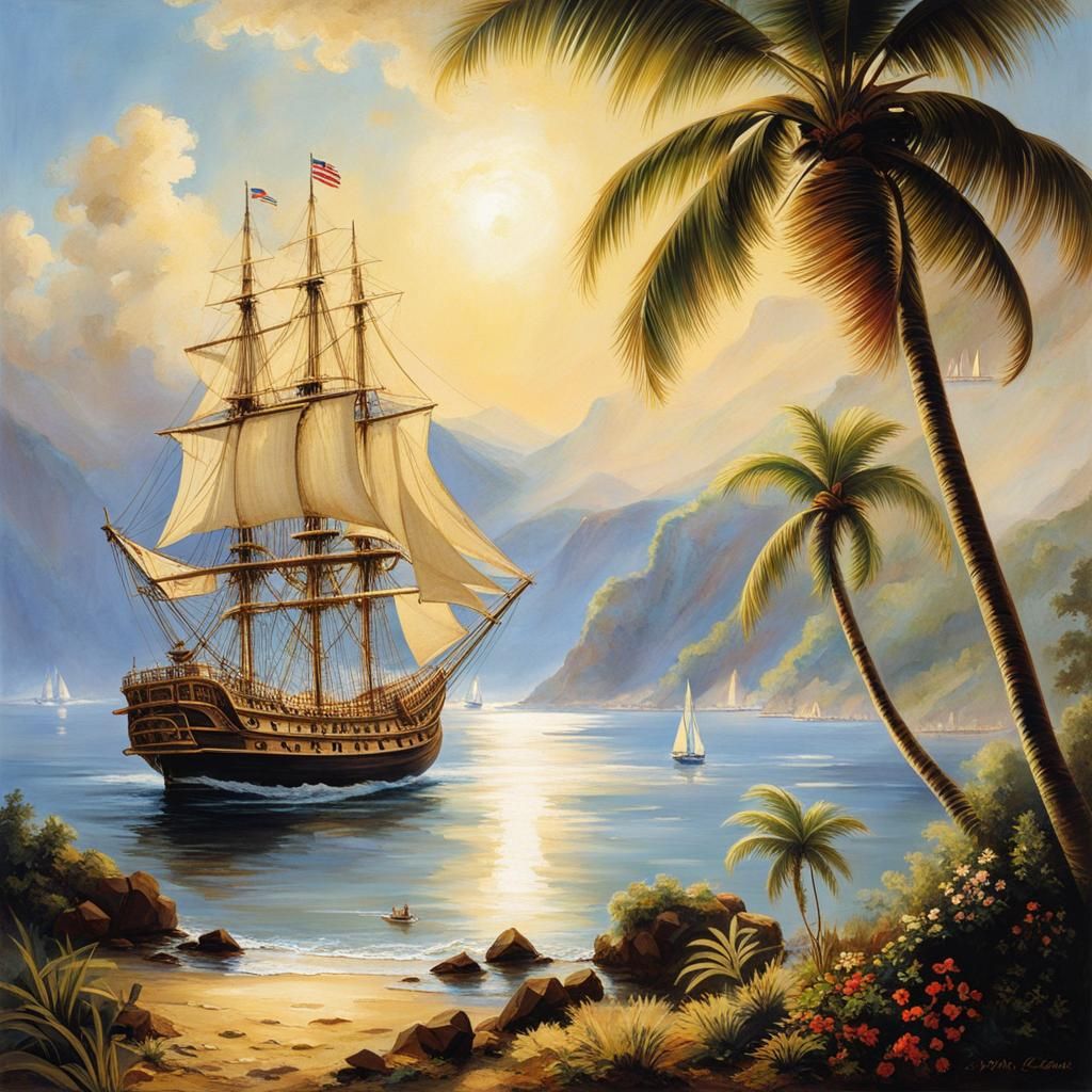 Sailing Ship Lands on Tropical Island