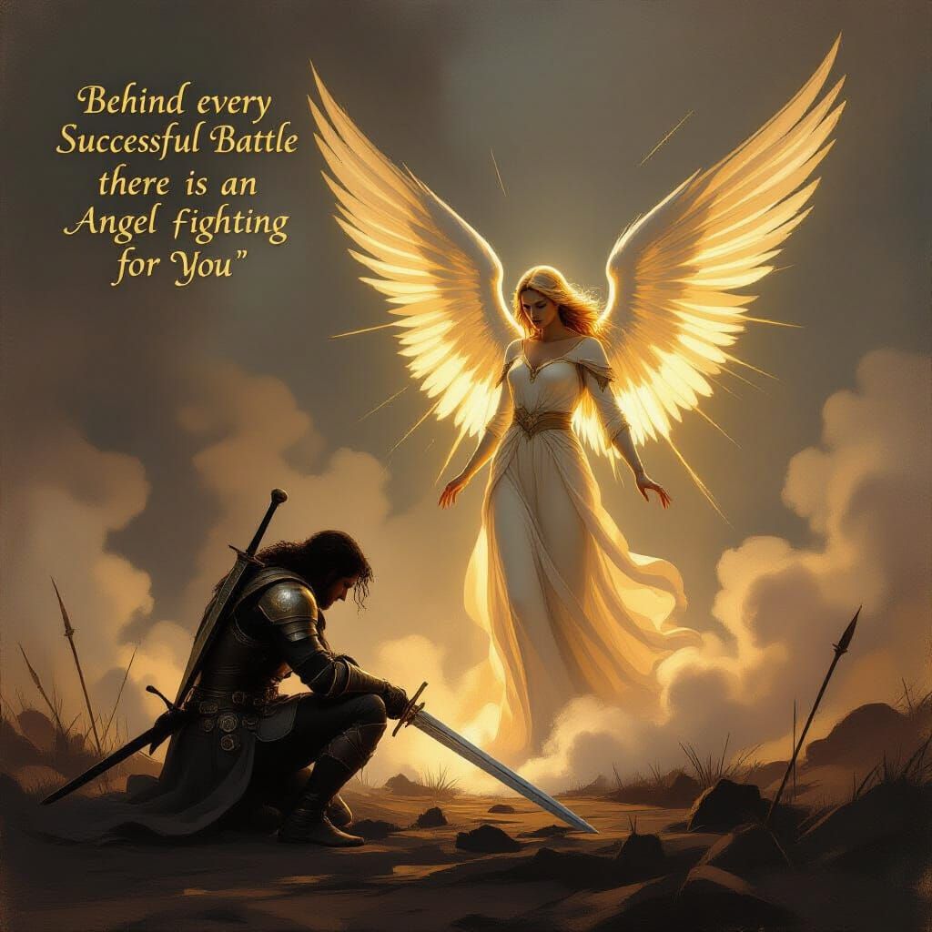 Warrior Supported by Angel in Neo-Impressionist Style