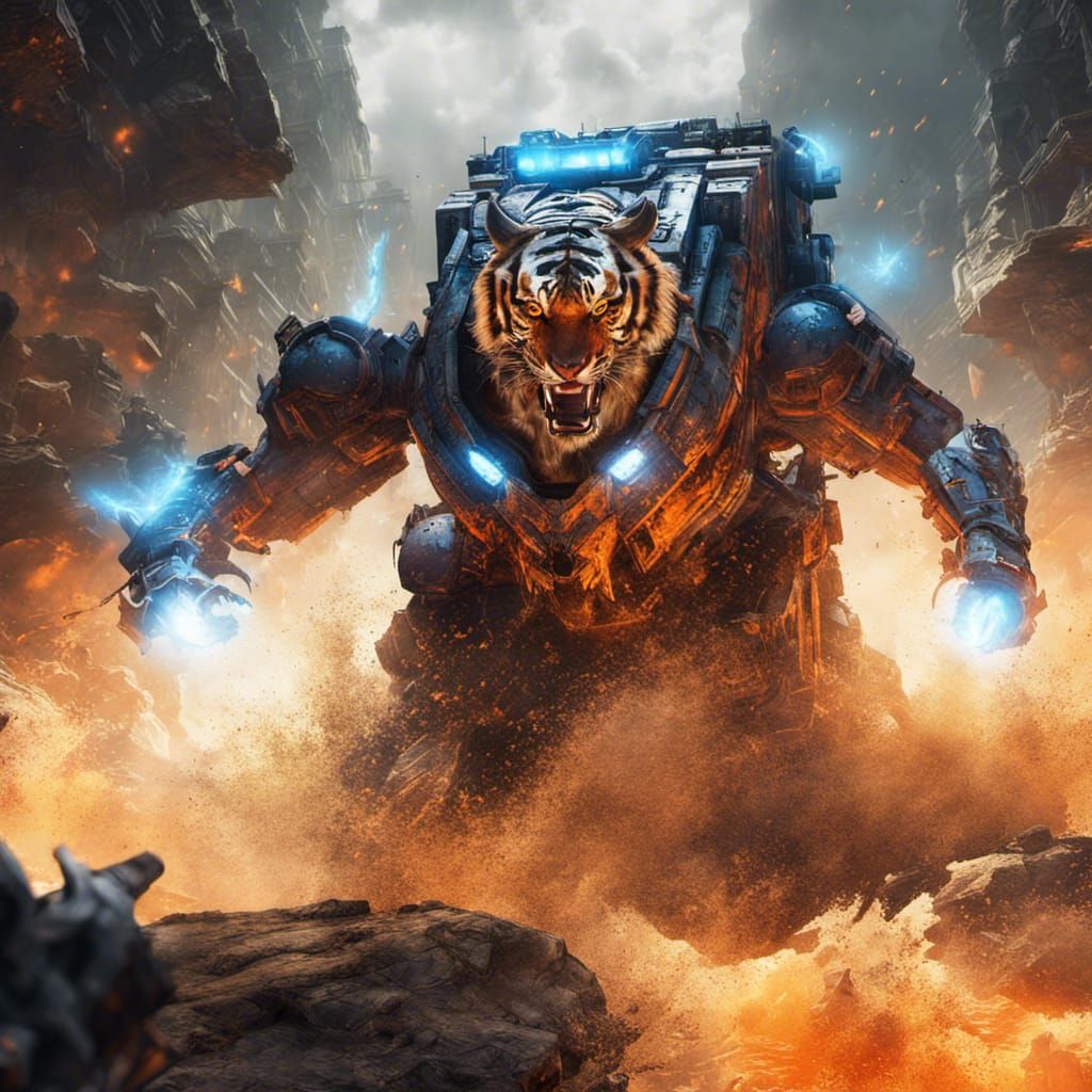 Tiger Stalking Through Explosions in Fantasy Art Style