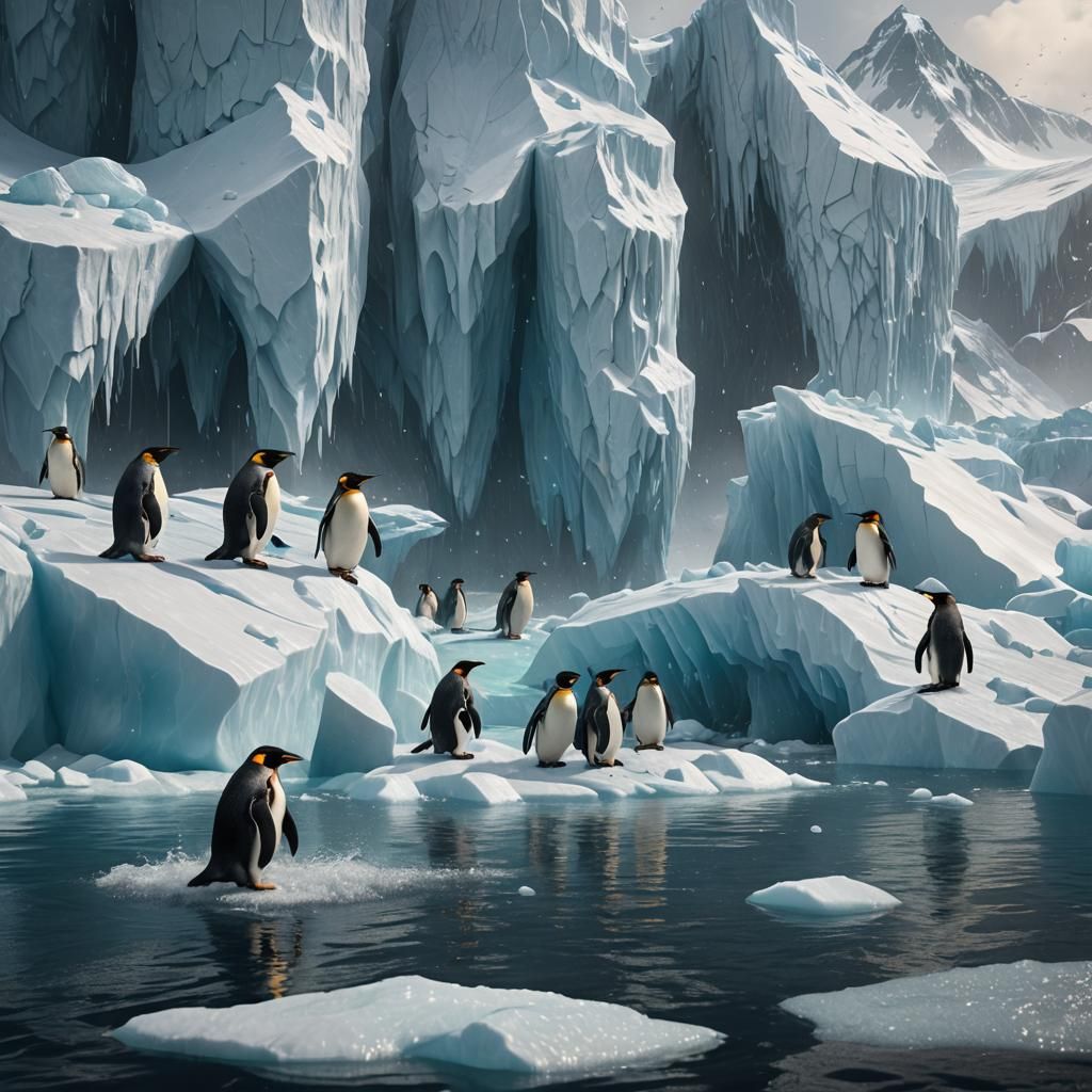 Penguins on Iceberg in Detailed Matte Painting