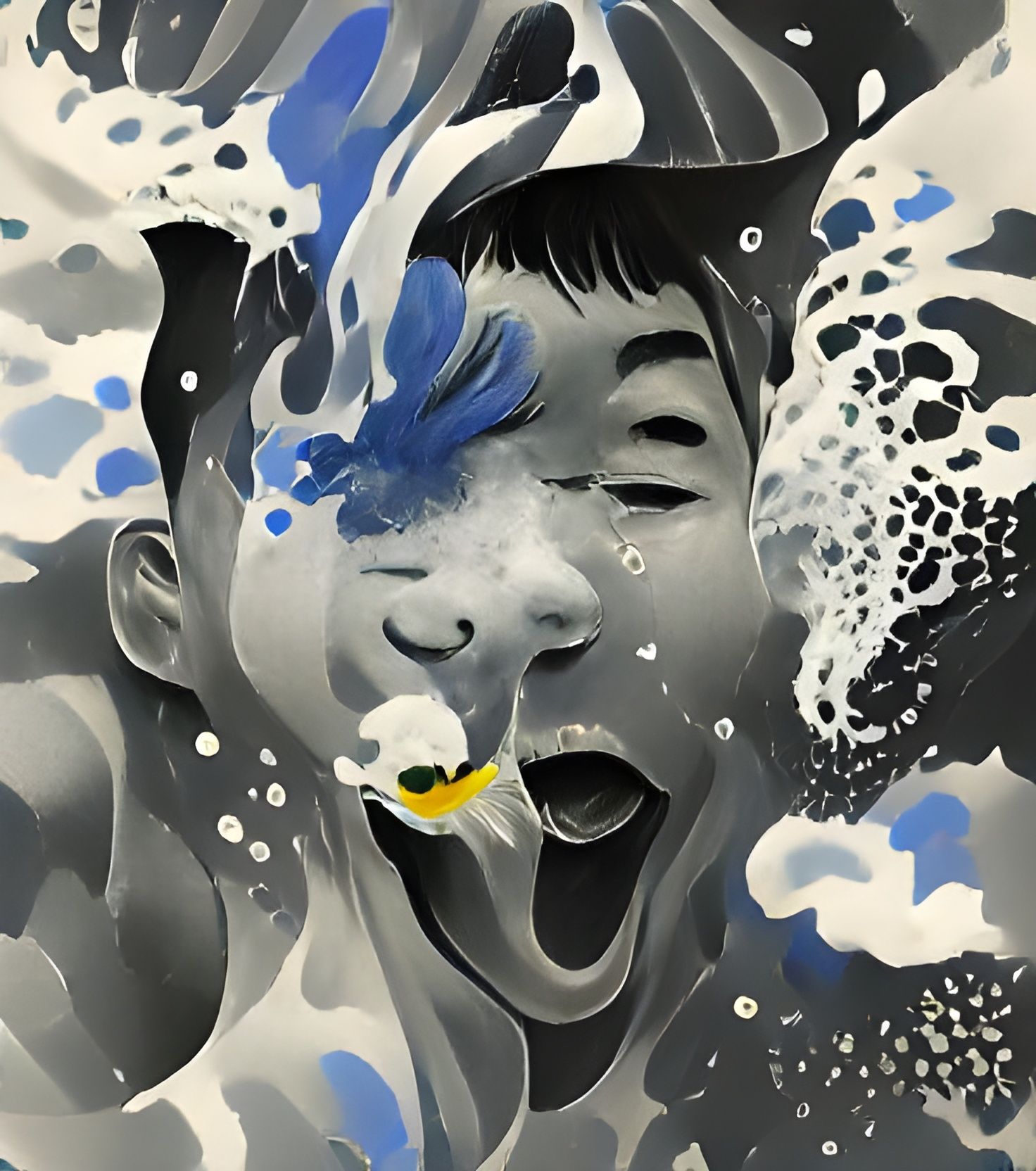 Boy Splashing Water in Colorful Charcoal Sketch