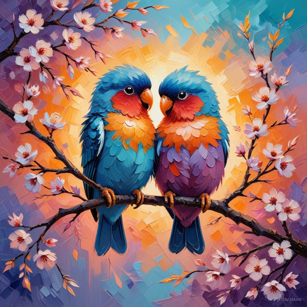 Lovebirds on Blossom Branch: Neo-Impressionist Impasto Paint...
