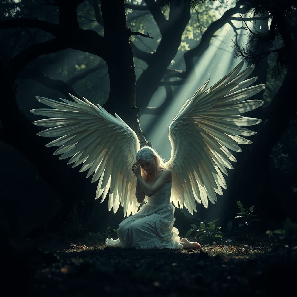 Angel Kneeling in Glade with Ethereal Light