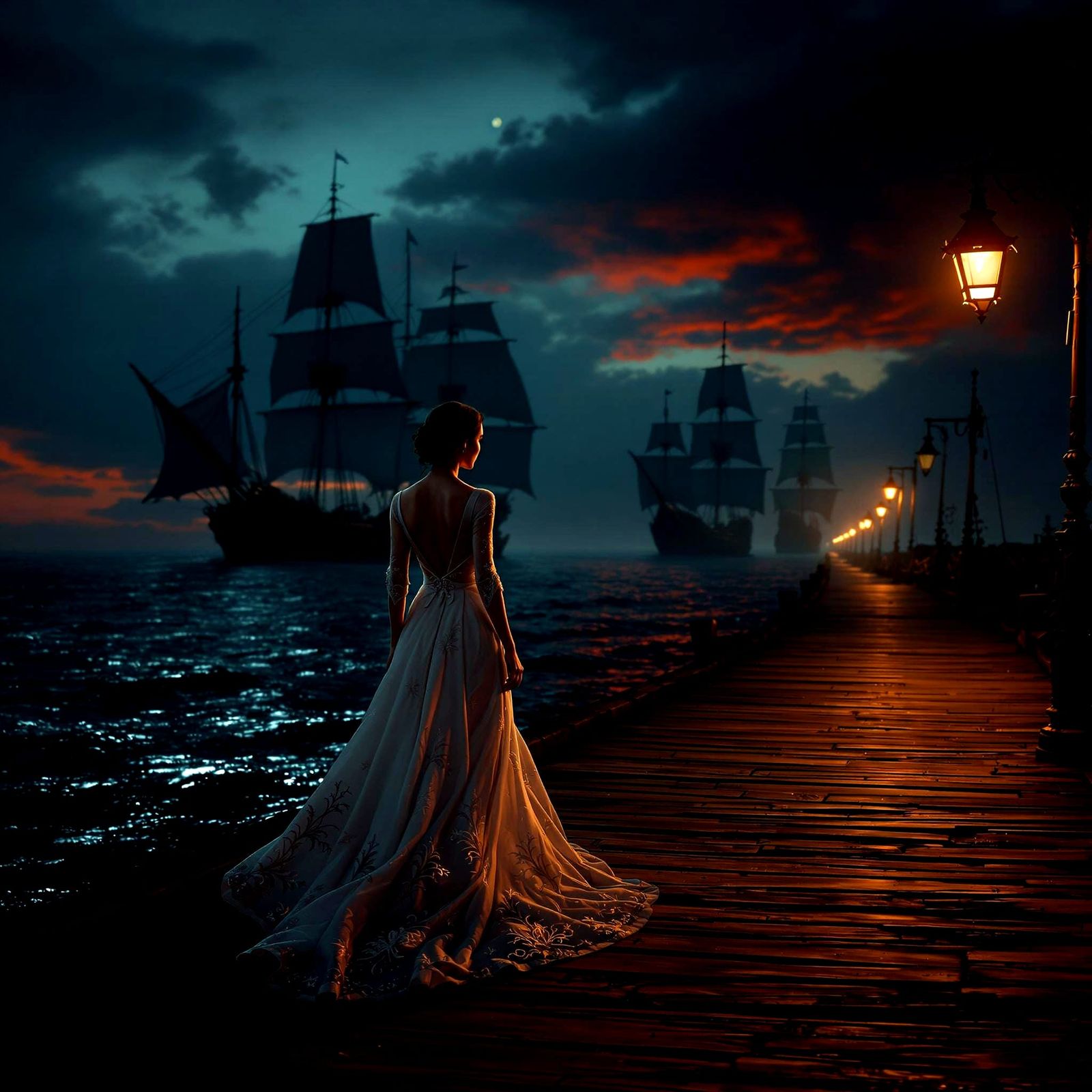 Moonlit Silhouette on Pier: Dark Fantasy Art