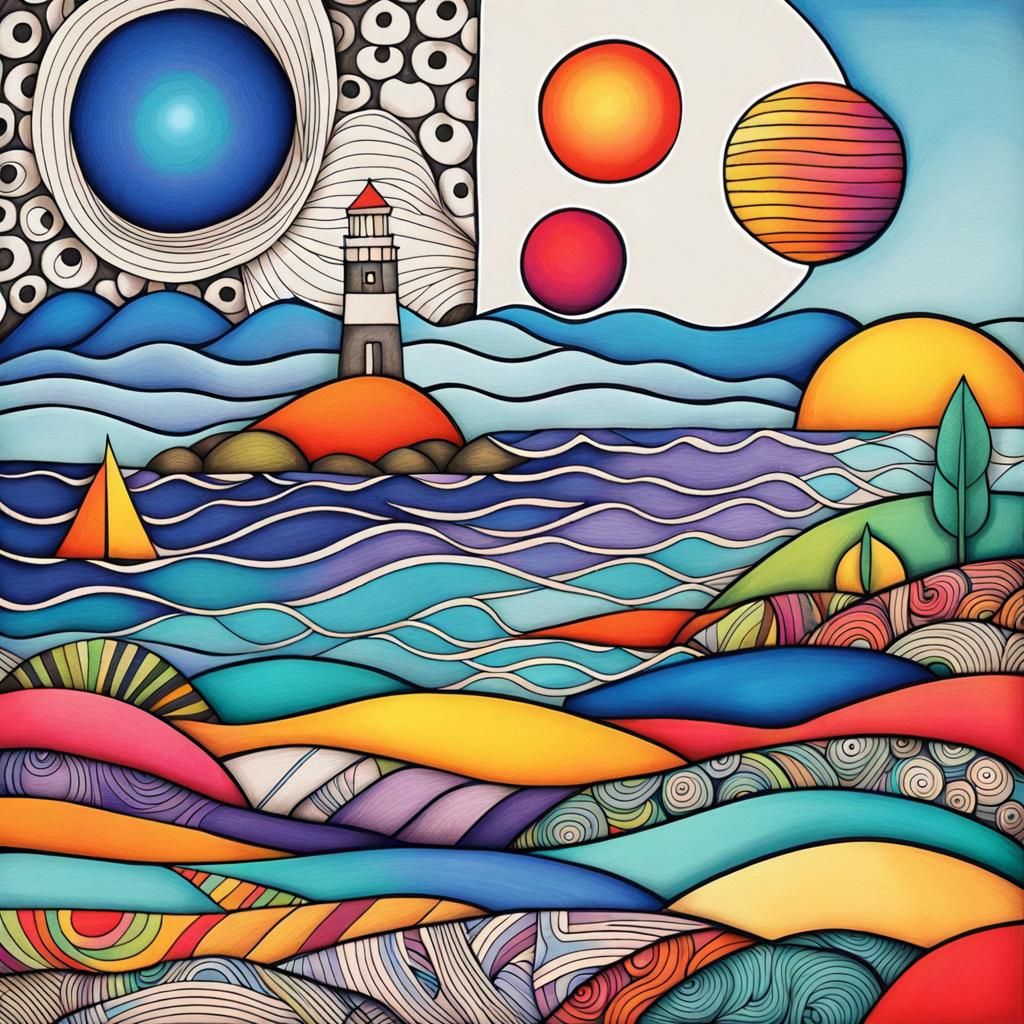 Minimalist Doodle Art: Lighthouse and Moon in Ink