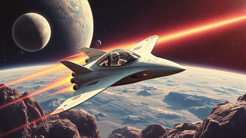 Sleek Spaceship Soars Through Retro-Futuristic Cosmic Landsc...