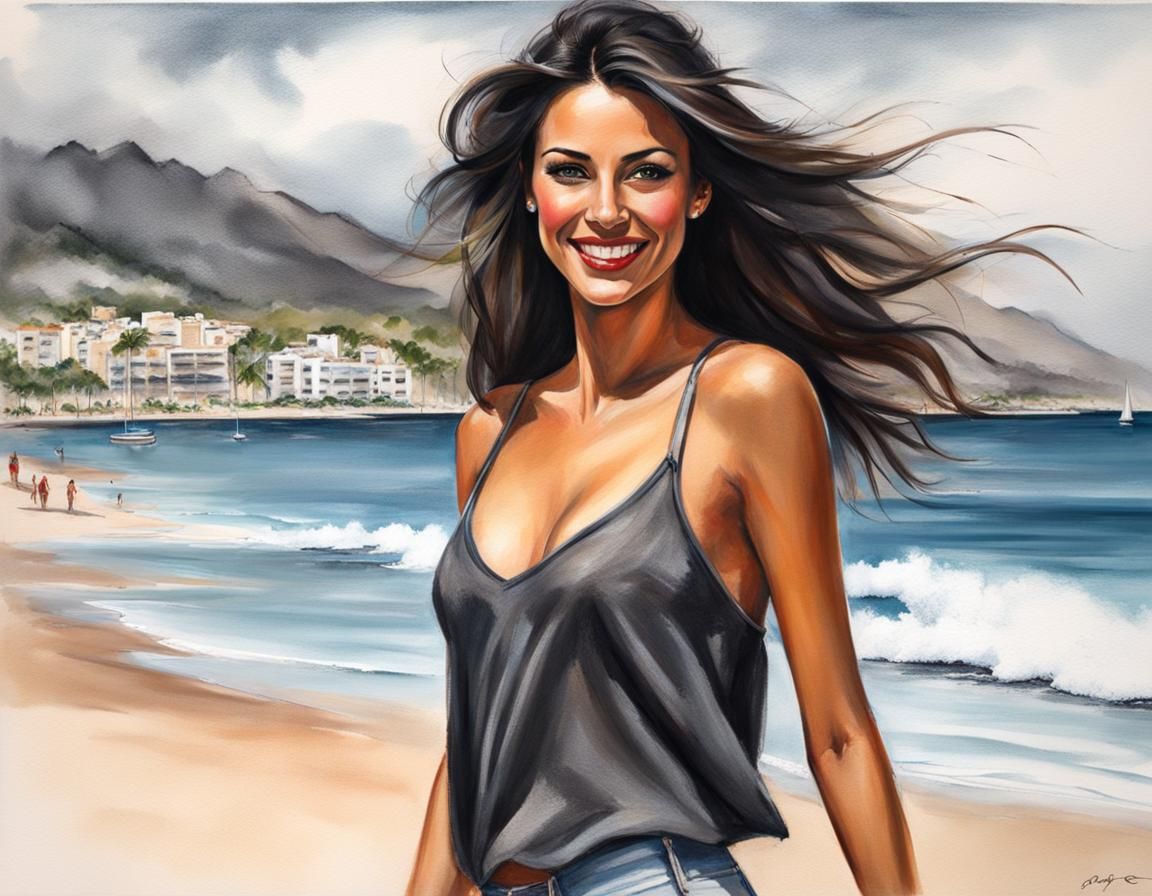 Spanish Beauty on Majorca Beach: Charcoal Drawing