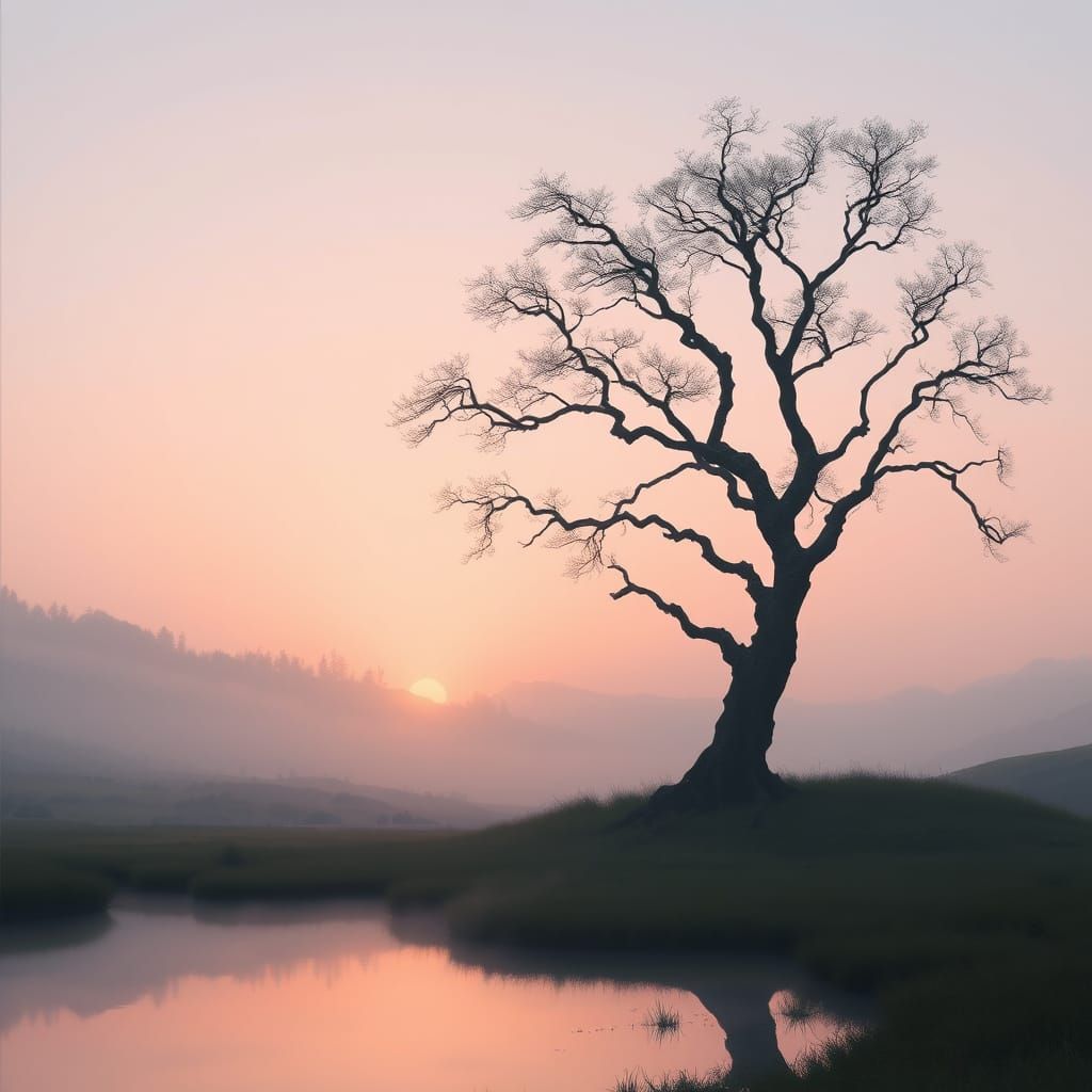 Ancient Tree at Dawn Over Reflective Pond Matte Painting