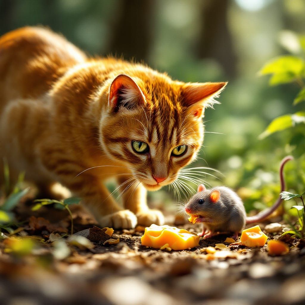 Orange Tabby Cat Hunting Rat in Forest Clearing