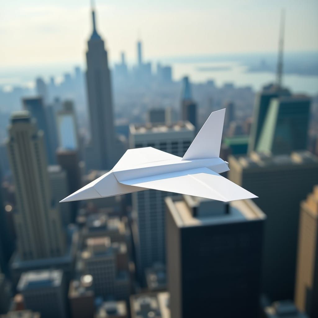 Paper Airplane Soaring Over Manhattan Skyline