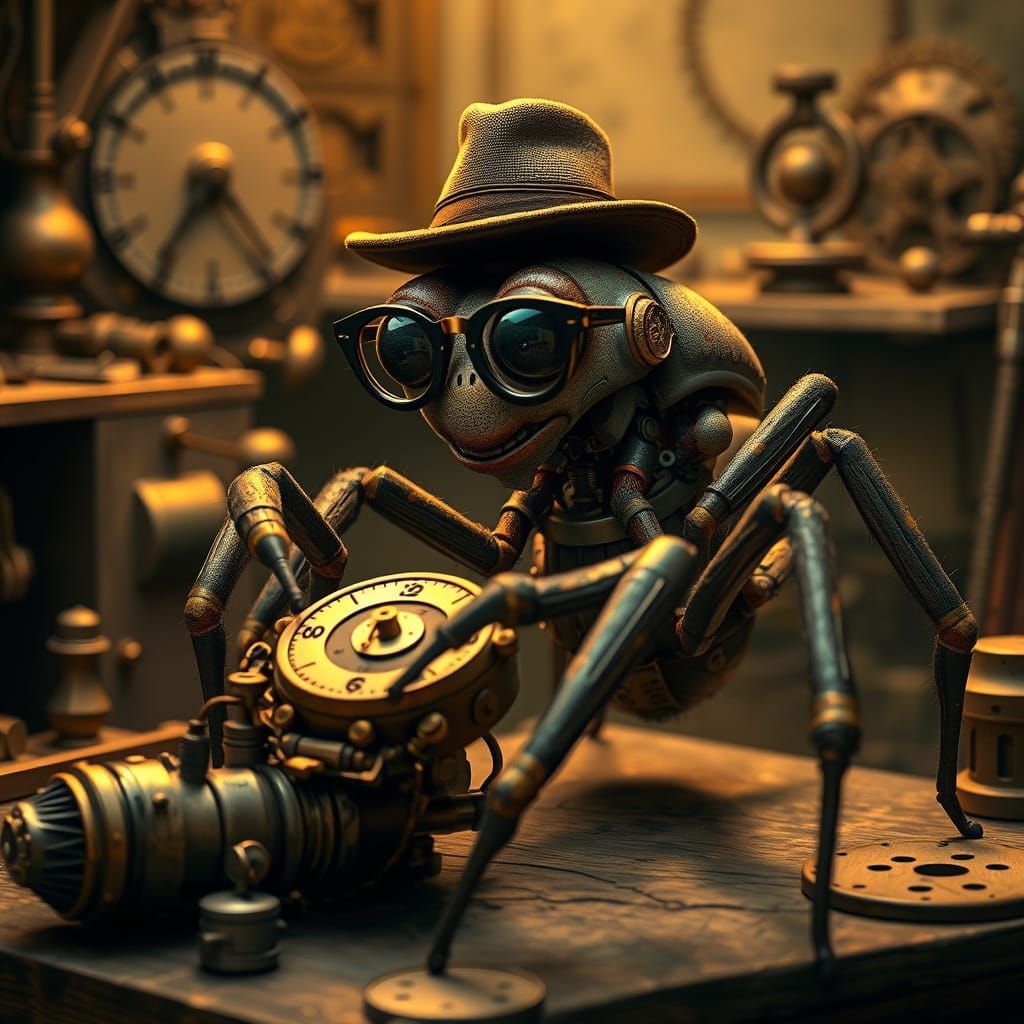 Steampunk Spider Inventor Crafts Whimsical Clockwork Device
