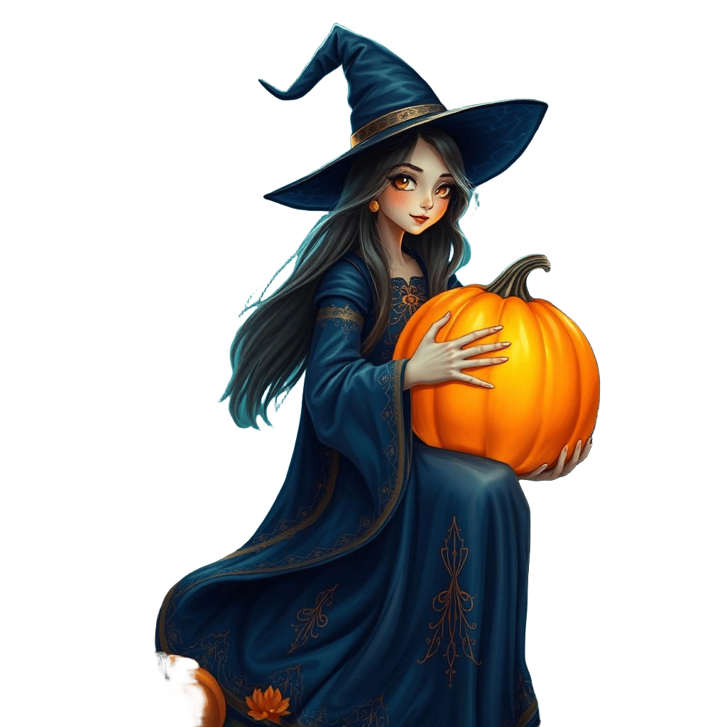 Airbrushed Good Witch with Pumpkin and Black Cat